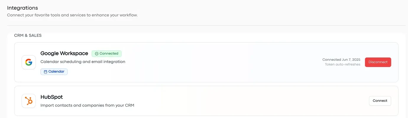 Lemmonade integrations: Google Workspace connected and HubSpot imports ready