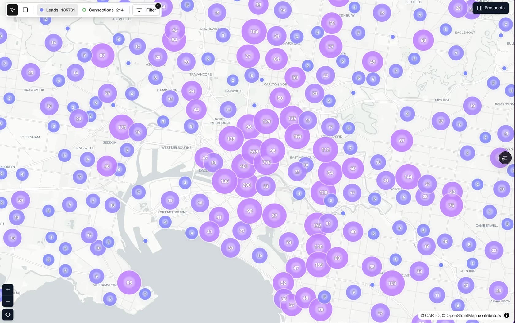 Scouting in Lemmonade: prospect venues on a map with a selection panel ready to convert