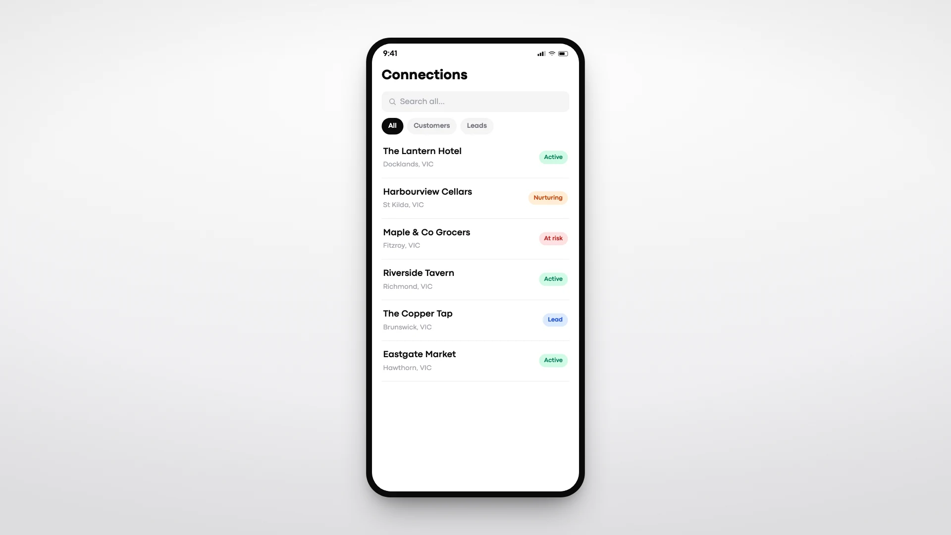 The Lemmonade connections list: accounts with status, cadence and last order