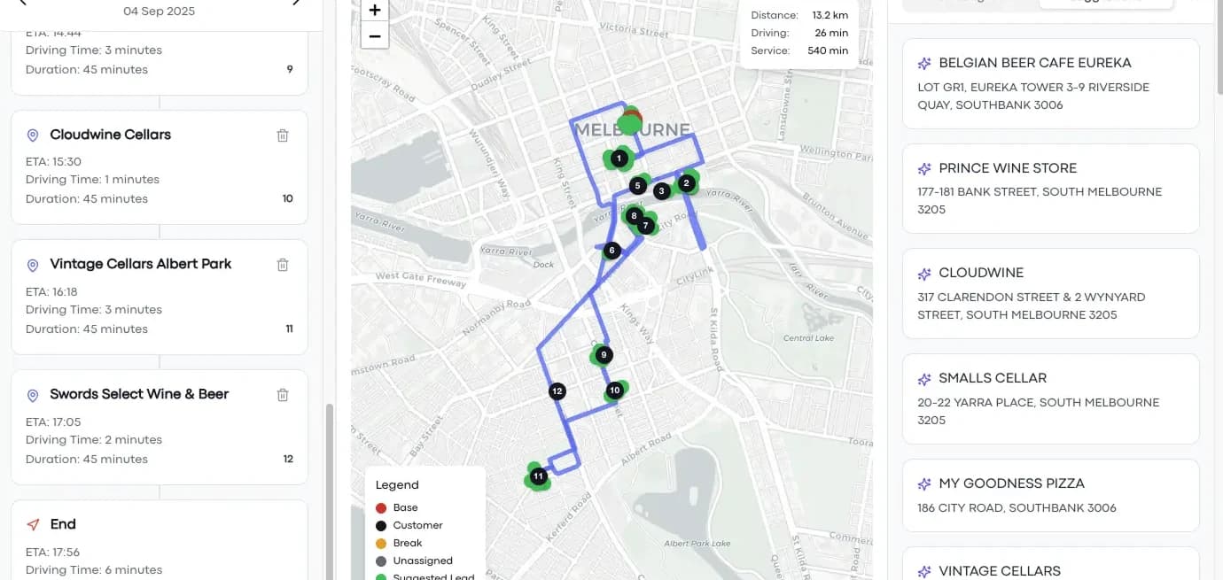 An IPA solve in Lemmonade: the day's stops with ETAs beside the optimised route on the map, with suggested venues alongside
