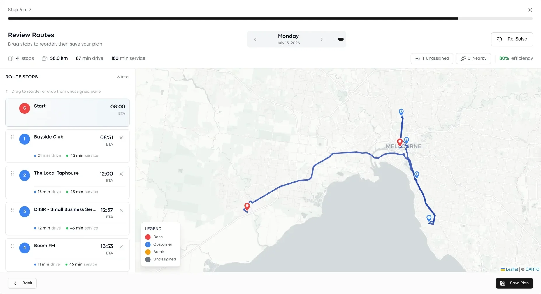 Review Routes in Lemmonade: a week of sales routes on the map with stops listed per rep, ready to drag and reorder